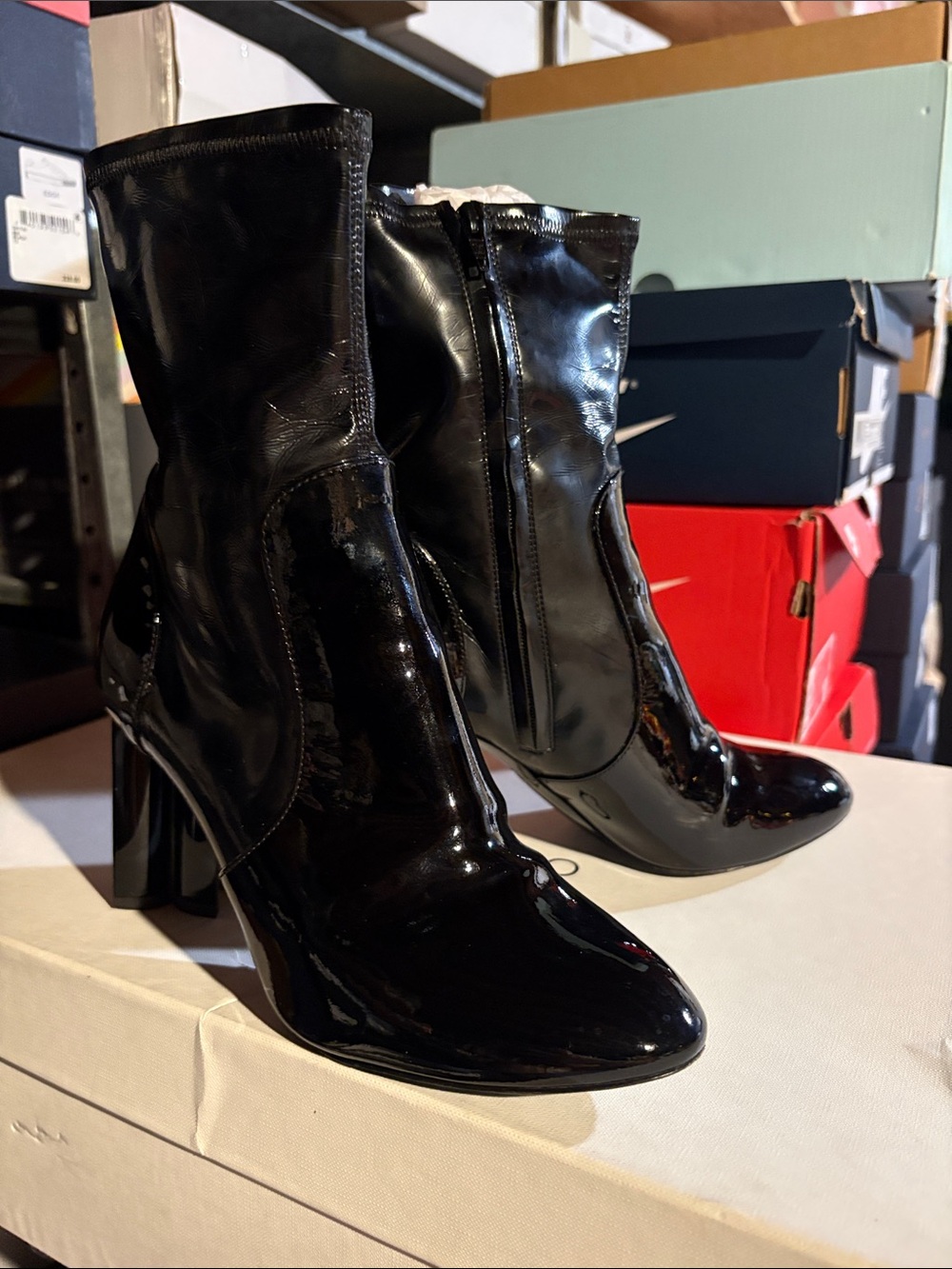 Black Patent Mid-Calf Block Heel Boots - Picture 9 of 13
